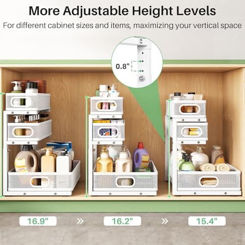 Under Sink Organizer, 2-Pack 3-Tier Height Adjustable Thickened Metal Pull out Cabinet Organizer Shelf, Slide out Storage Drawer Rack for Bathroom Kitchen Pantry Home Laundry Organization