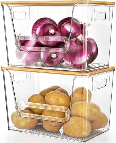 2 Set Pantry Organizers and Storage, Trash Bag Holder Under Sink Organizer for 4-13 Gal Bags, Trash Bag Dispenser with Bamboo Top for Onion, Potato, Garlic, Clear (11-7/32"L*7" W*7-1/8"H)