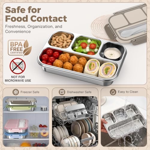 Stainless Steel Bento Box Adult, Leakproof Metal Lunch Box Containers 4 Compartments, 32 Oz Reusable Food Storage Containers for Office and Work, Brown