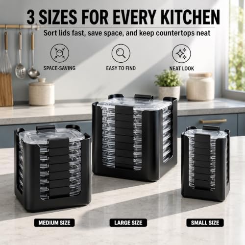 3PCS Lid Organizer, Black Stackable Rack for Rubbermaid Brilliance