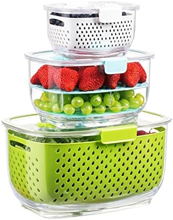Fresh Produce Vegetable Fruit Storage Containers 3Piece Set, BPA-free Fridge Storage Container, Partitioned Salad Container, Fridge Organizers, Used in Storing Fruits Vegetables, Green