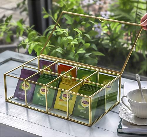 Glass Tea Bags Organizer with Lid, 8 Compartments, Teabag Storage Box