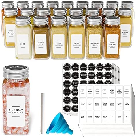 24 Pcs Spice Jars with Labels, Empty 4oz Glass Spice Bottles, Minimalist Farmhouse Spice Labels Stickers with Funnel, Seasoning Containers for Spice Rack, Cabinet and Drawer