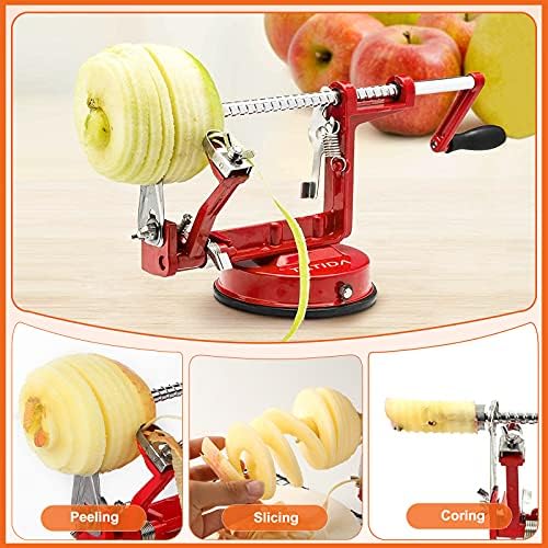 Apple Peeler Corer, Long lasting Chrome Cast Magnesium Alloy Apple Peeler Slicer Corer with Stainless Steel Blades and Powerful Suction Base for Apples and Potatoes(Red)