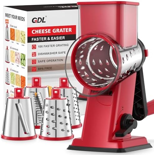 Upgraded Cheese Grater Shredder Hand Crank, Vegetable Slicer, 4 Blades