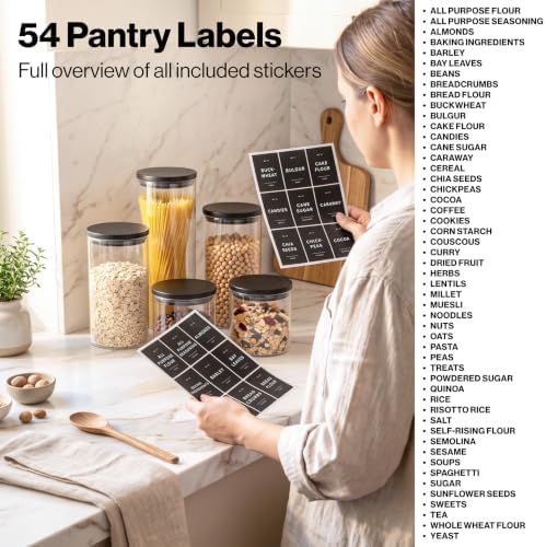 Glass Pantry Storage Jars Containers with Black Lids and Labels - Set of 5