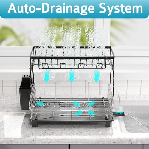 2 Tier Dish Drying Rack for Kitchen Counter, Large Capacity, Black