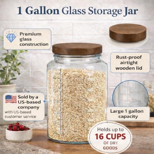 Extra Large Mason Jar - 1 Gallon Glass Wide Mouth Jar with Airtight Wooden Lid, Food Storage Container with Measurement Markings For Kitchen Pantry, Pickling, Cookies, Flour & Sugar
