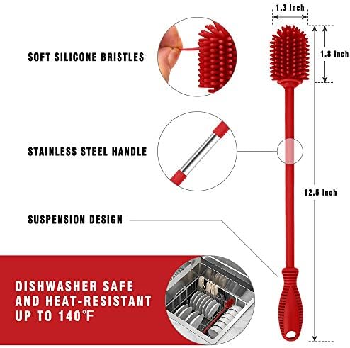 Silicone Bottle Cleaning Brush with Long Handle, BPA Free 12.5" Water Bottle Cleaner for Baby Bottles, Hydro Flask, Sports Bottle, Vase, Glassware, Perfect for Smaller Diameter Bottle Openings (Red) - Image 4