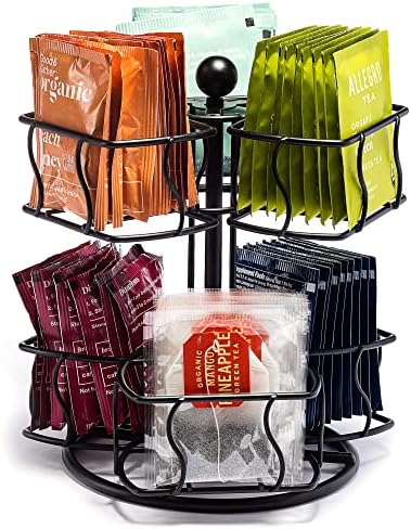 Tea Bag Organizer, 2-Tier Spinning Carousel for 60 Tea Bags (Black)