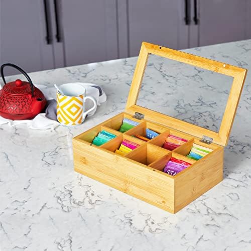 Big Natural Bamboo Tea Storage Organizer, Clear Acrylic Top, 8 Compartments
