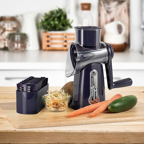 5-in-1 Rotary Cheese Grater with Handle – Stainless Steel Blades, Vegetable Slicer & Shredder, Nut Grinder, Carrot & Cabbage Grater, Easy-to-Clean Kitchen Tool (Purple)