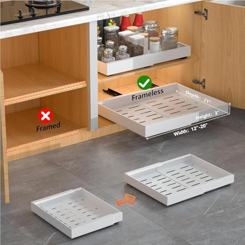 4 Pack Pull Out Cabinet Organizer Expandable, Adhesive with Nano Film, Pull Out Drawers for Cabinets in Kitchen, Pantry or Bathroom (White, 21“DEEPX[12"-20'']Width-4PACK)