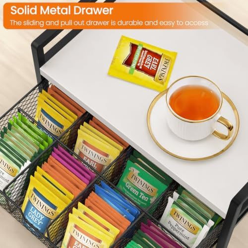 Tea Bag Organizer, Wood Tea Bag Holder with Storage Drawer, white
