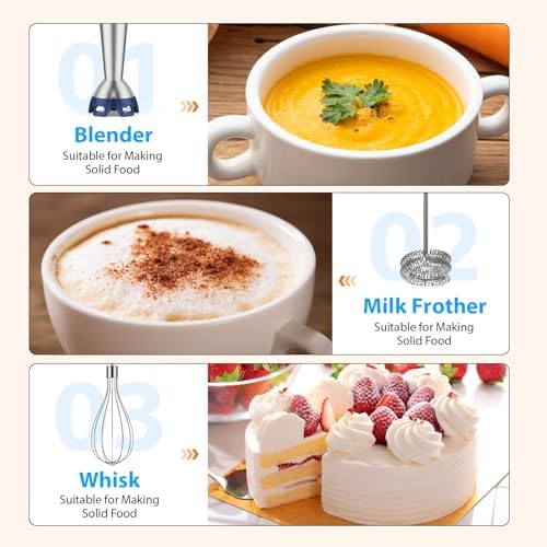 KOIOS Immersion Blender, 1000W Anti-scratch 3-in-1 Hand Blender, Upgraded 12 Speed Stainless Steel Blade Stick Blender with Turbo Mode, Whisk and Milk Frother, Non-BPA, Blue - Image 6