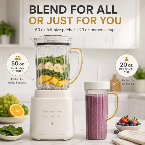 Power Exact Countertop Blender System, 700W Motor, 50oz Tritan Jar, 20oz To-Go Cup, 4 Presets, 3 Speeds PrecisionSense Technology (white) - Image 3