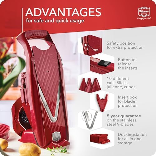 Mandoline Food Slicer V5 (Profi Set) by Reston Lloyd • V-Slicer with 4 Inserts, Docking Station & Food Holder • Made in Germany • Fruit & Vegetable Chopper • Multiple Settings • Color: Red