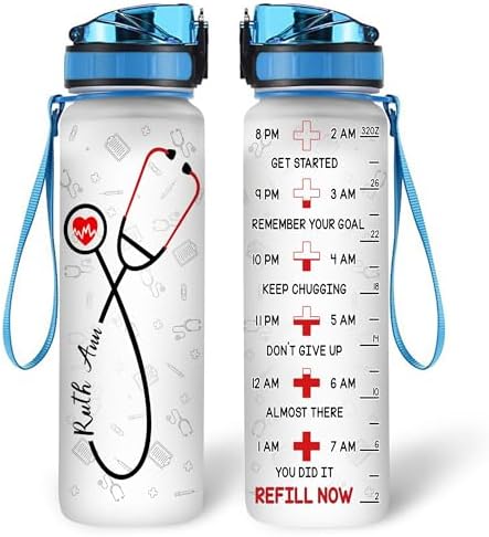 Personalized Nurse Water Bottle - 32oz Motivational Water Bottle with Leak-Proof Lid & Time Marker - Gift for Women, Nursing Students, Medical Assistants, Healthcare Workers On Birthday