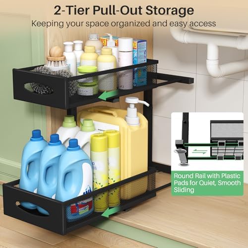Under Sink Organizer, 2 Tier Pull out Cabinet Organizer Baskets with Mesh Sliding Drawers, Slide out Storage Shelf for Home, Kitchen, Bathroom, Pantry, Office Cabinet, Countertop(1 Pack)