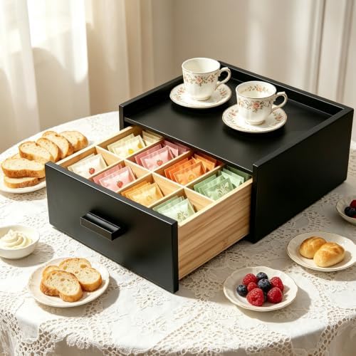 Black Bamboo Tea Bag Organizer Storage Box with Drawer