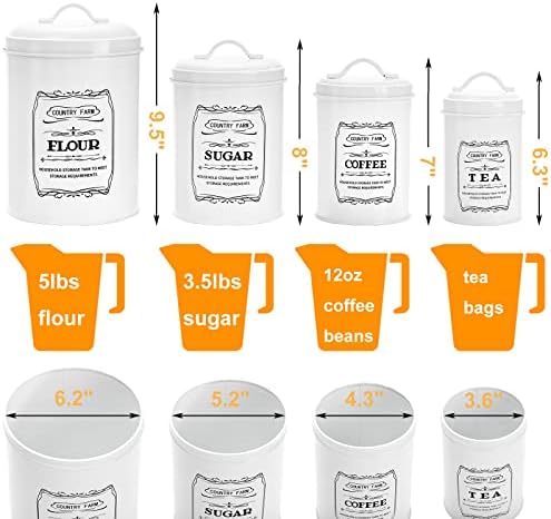Set of 4 Kitchen Canisters with Airtight Lids, Coffee Tea Sugar Flour Tin Jars Nesting Food Storage Container Set for Farmhouse Decor, 4 Sizes