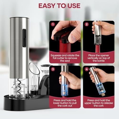 Electric Wine Opener,Rechargeable Automatic Wine Opener Corkscrew Opener Set With Wine Stopper, Foil Cutter, Wine Aerator,Storage Base & USB-C Cable Gifts for Wine Lovers