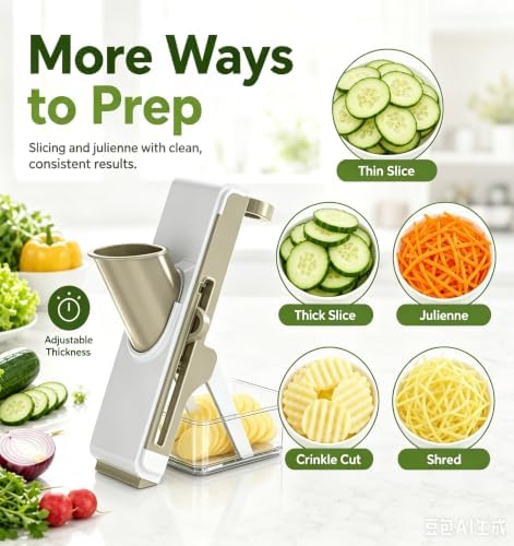 Safe Mandoline Slicer for Kitchen, Vegetable Slicer with Container, French Fry Cutter, All in 1 Julienne Slicer for Potato, Thickness Adjustable, Detachable Blade (White Light Gray) - Image 2