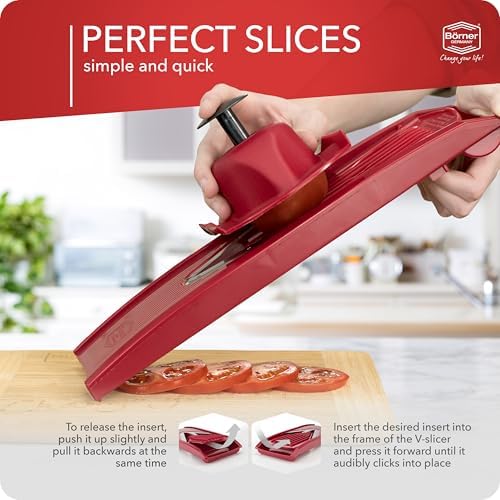 Mandoline Food Slicer Börner V1 (Starter Set) by Reston Lloyd • V-Slicer with 3 Blade Inserts & Food Holder • Made in Germany • Fruit & Vegetable Chopper • Multiple Settings • Color: Red - Image 5