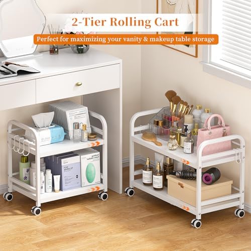2-Tier Expandable Rolling Cart, Pantry Storage Cart with Wheels, Adjustable Rolling Pantry Floor Organizer