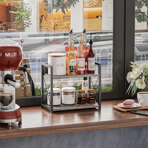 Countertop Shelf Organizer, 2 Tier Kitchen Spice Rack for Countertop, Wood Kitchen Counter Shelf for Home, Coffee Station Organizer (Grey,S)