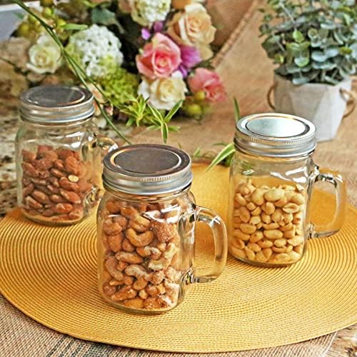 12 oz Mason Jar Mugs With Handles and Solid Lids Set of 6 - Mason Jar Drinking Glasses With Handle, Glass Mason Jars With Lids, Rustic Wedding Decor, Baby Shower Favors