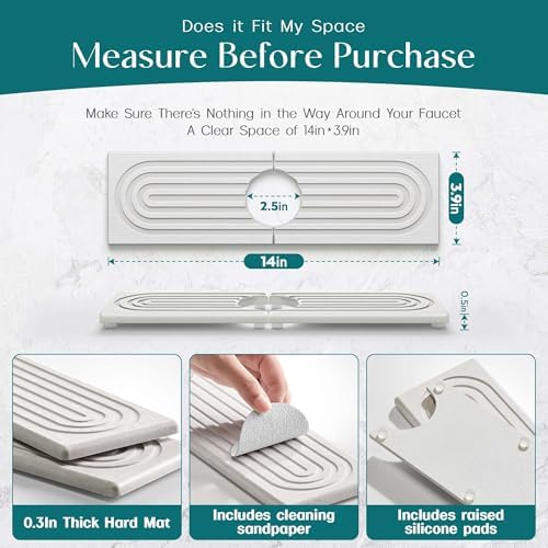 Faucet Mat for Kitchen Sink, Diatomite Stone Drying Mat - 14"x3.9"