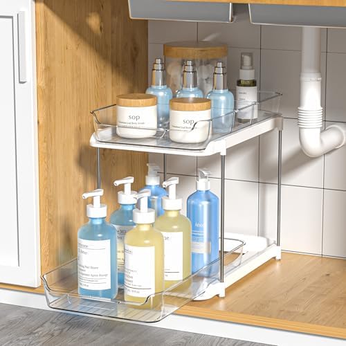 2-Tier Multi-Purpose Bathroom Under Sink Organizers and Storage, Stackable Kitchen Pantry Organization, Pull Out Medicine Cabinet Organizer with Movable Dividers, White, 1 Pack