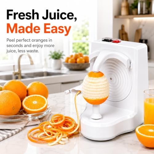 Electric Orange Peeler Automatic Fruit and Vegetable Peeler Machine, Peels Apples, Potatoes, Citrus, Stainless Steel Blade, Compact White (White)