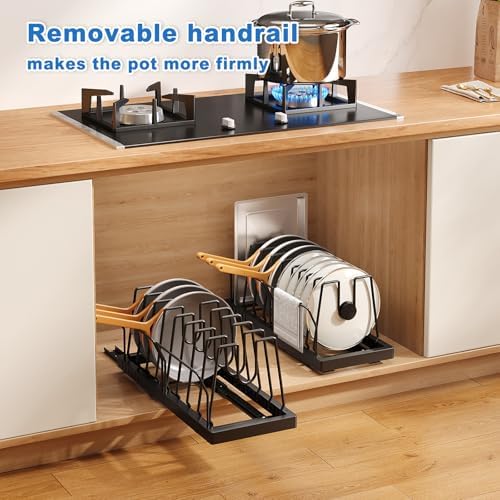 Pots and Pans Organizer Under Cabinet, 21.6" Deep Pull Out Pot Lid Organizer Holder with Guardrail Adhesive Pot and Pan Holder Rack with 10 Adjustable Dividers-1 Pack(Black)