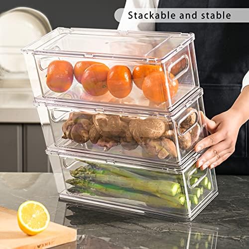 Fridge Drawer Pull Out Stackable Bins with Handle Clear Refrigerator Drawers Organizer Food Storage Container Box Plastic Produce Saver for Pantry, Cabinet, Kitchen, Clothes（4Pack）
