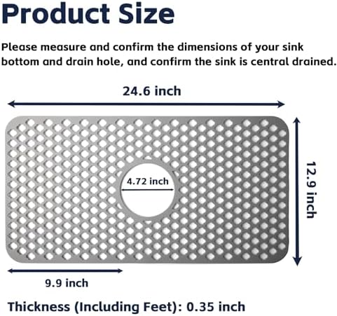 Silicone Sink Mat, 24.6''x 12.9'' Kitchen Sink Protector Grid for Bottom of Center Drain Sink, Gray Non-slip Heat Resistant Liner for Farmhouse Stainless Steel Porcelain Sink