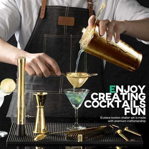 12 Pieces Boston Cocktail Shaker Set, Mixology Bartender Kit, Gold