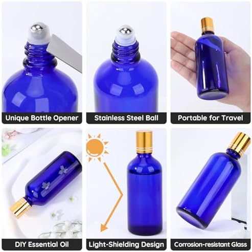 Segbeauty 3.4oz Thick Glass Roller Bottles for Essential Oils Blend, 5pcs Blue Empty Rollerball Bottles, 100ml Refillable Roller Ball Applicator for Perfume Oil Eye Essence, Large Glass Roll On Bottle - Image 2
