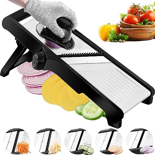 WELTONHM Mandoline Slicer, Adjustable Mandoline Slicer for Kitchen, Stainless Steel Mandolin Vegetable Chopper for Potato, Julienne Cutter with Cut-Resistant Gloves, Black by weltonhm