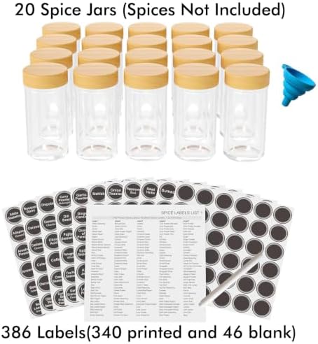 Revolving Spice Rack Set with 20 Spice Jars, Kitchen Spice Tower Organizer for Countertop or Cabinet - Carousel Storage Includes 386 Spice Labels (Bamboo)