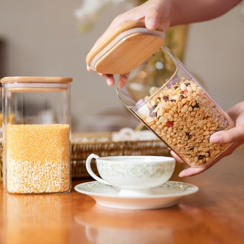 6 Pack Glass Food Storage Jars 37 oz,Glass Storage Containers Clear Glass Food Canister with Bamboo Lid Airtight For Serving Tea, Coffee, Flour, Sugar, Candy, Cookie, Spice and More (Square)