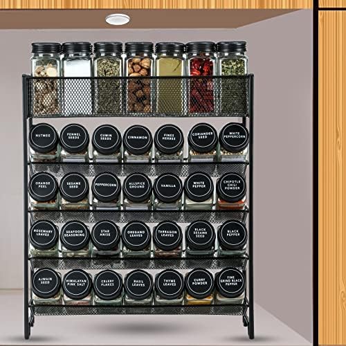 Spice Rack Organizer with 28 Spice Jars, Black Lids, Spice Labels