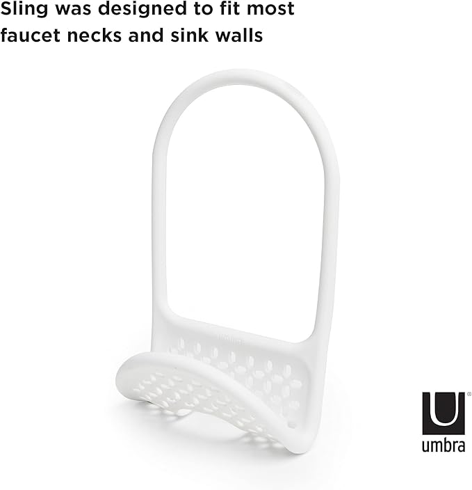 Sling Kitchen Sink Caddy Sponge Holder, Hangs Over Faucet or Divider, White
