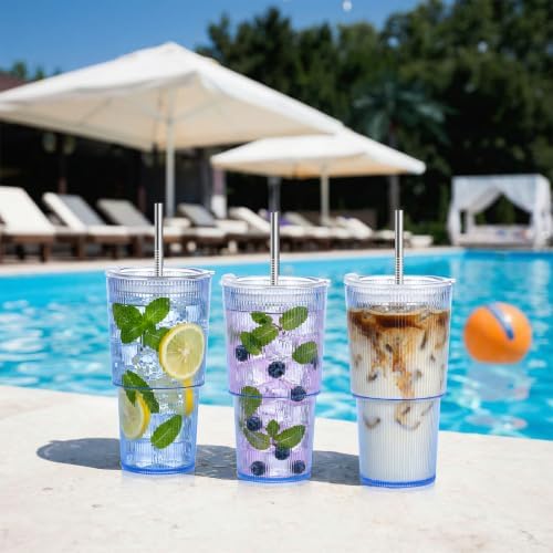 4 Pcs 20oz Plastic Ribbed Tumblers with Lid and Straws Blue Plastic Reusable Iced Coffee Cups with Lid Unbreakable Vintage Ribbed Drinking Glasses Tumbler for Juice Smoothie Beverage with Clean Brush