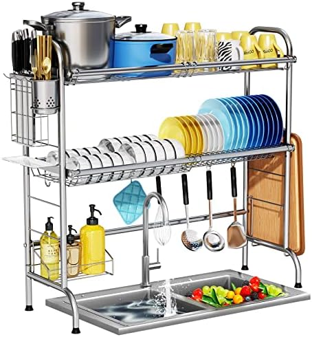 Stainless Steel 2-Tier Over The Sink Dish Drying Rack with Utensil Holder, Large, for Kitchen Counter
