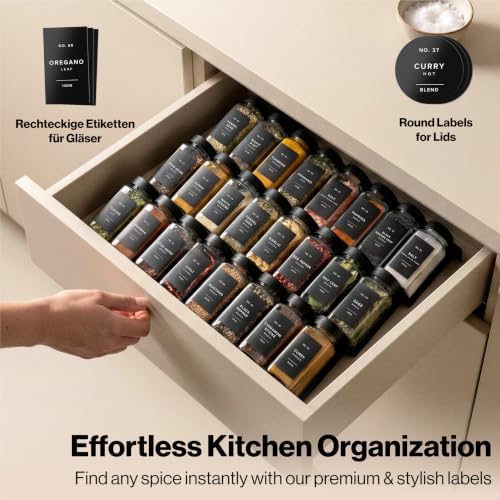 Glass Spice Jars with Labels, 24x Matte Black Lids - 4oz Set