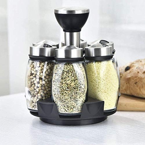 6-Jar Revolving Spice Rack Organizer Holder, Kitchen Countertop Seasoning Stand Organizer Include 6 Glass Jar Bottles, Great Gift For Chefs & Foodies (Spices Not Included)