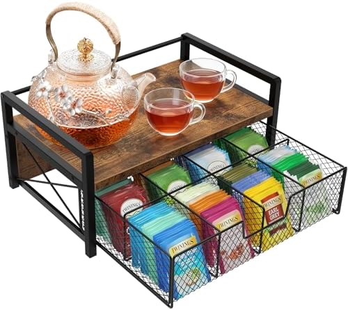 Tea Bag Organizer with Drawer, Tea Caddy for Countertop, Rustic