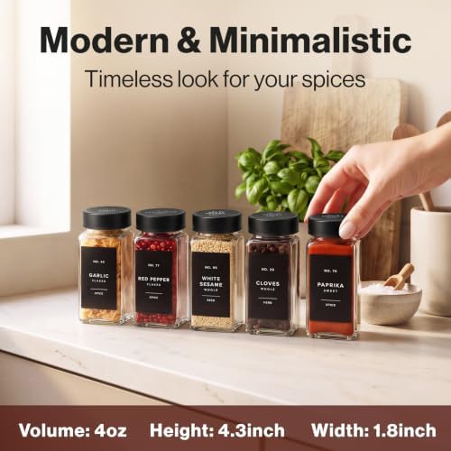 Glass Spice Jars with Label, Seasoning Set, 24x Black Steel Lids